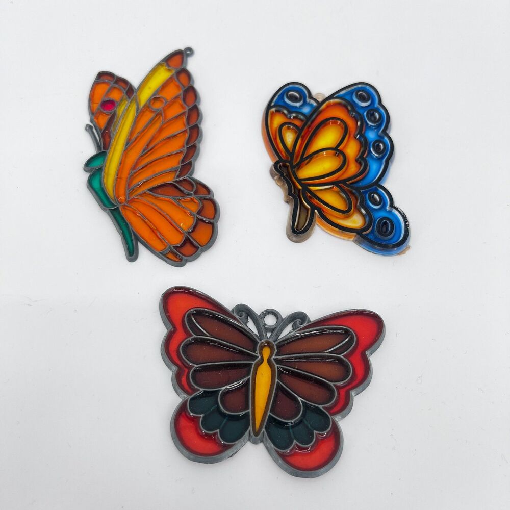 Lot of 3 Butterfly Suncatchers Stained Glass Look Colorful Window Decoration